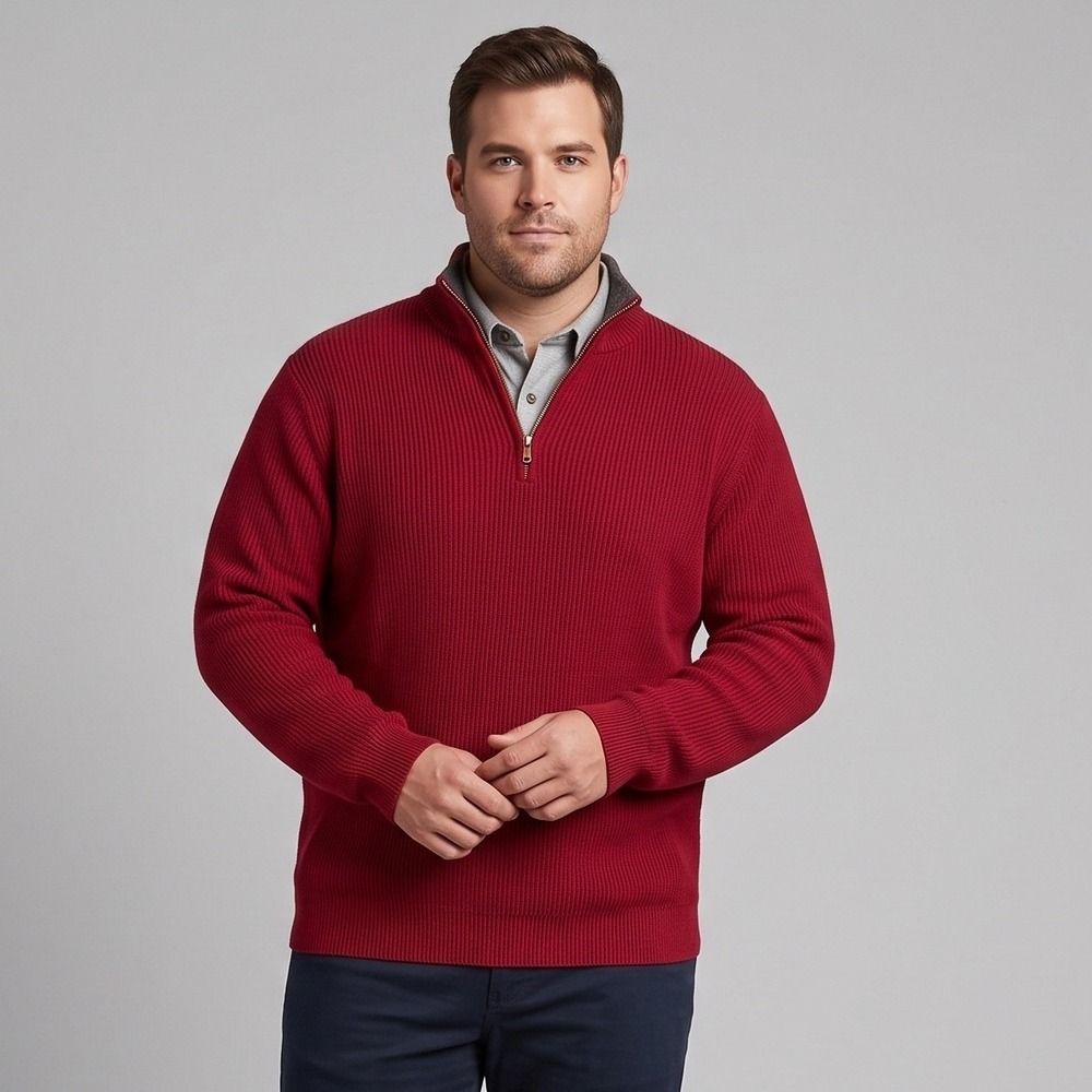 Cherokee Mens XL Red Sweater Quarter Zip Ribbed Knit Cotton Mock Neck Pullover